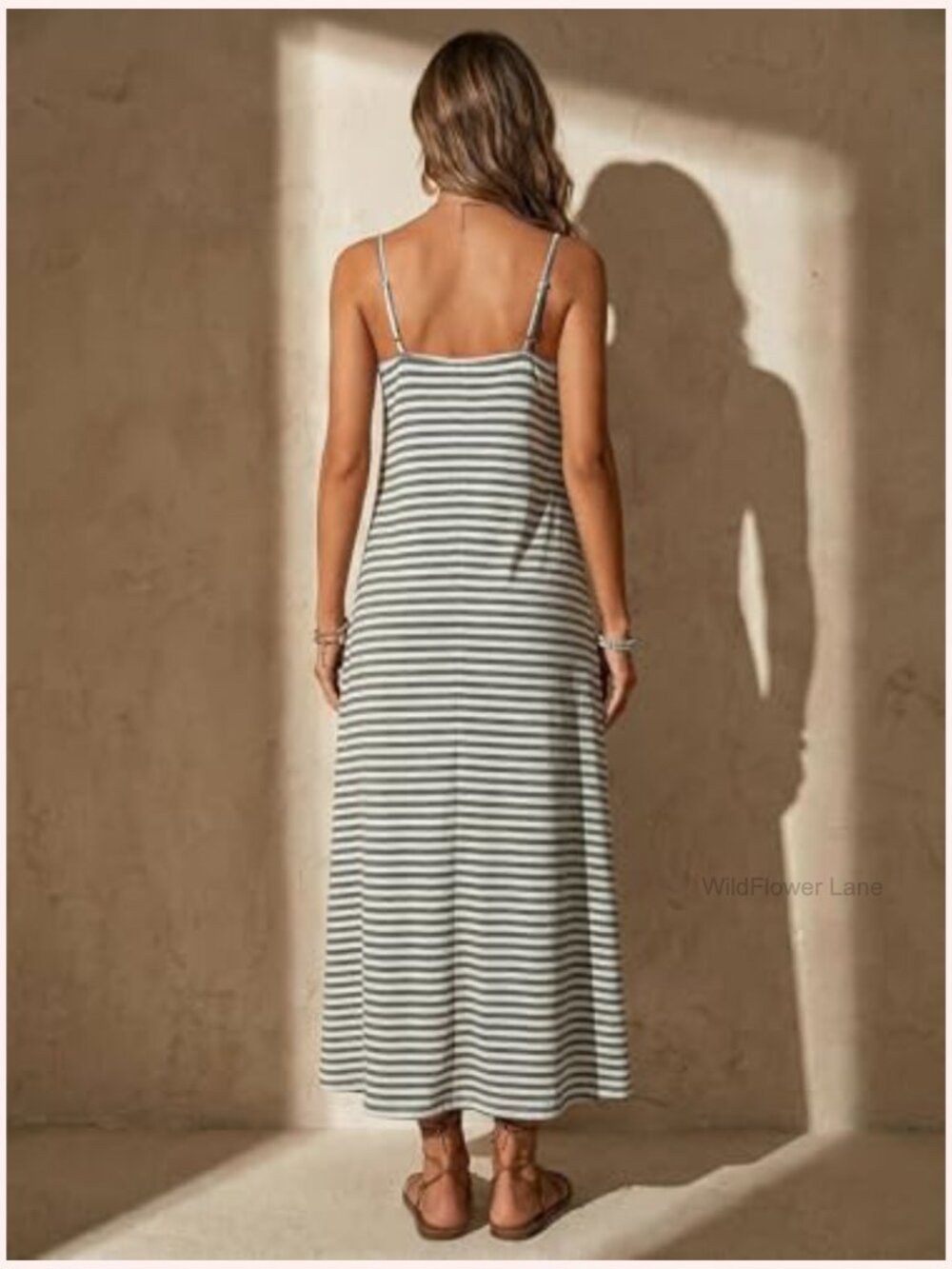 Striped Maxi Dress Deep V Neck Spaghetti Strap Sleeveless Casual View 2